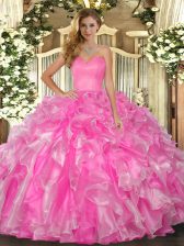 Custom Made Floor Length Rose Pink Quince Ball Gowns Sweetheart Sleeveless Lace Up