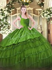 Smart Olive Green Zipper Straps Ruffled Layers Quinceanera Dresses Satin and Organza Sleeveless
