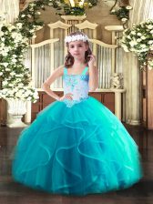  Ball Gowns Glitz Pageant Dress Aqua Blue Straps Tulle Sleeveless Floor Length Lace Up