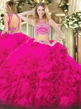 Fitting Floor Length Two Pieces Sleeveless Hot Pink Quinceanera Dresses Backless