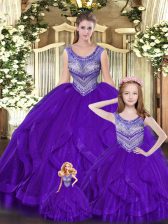 Comfortable Eggplant Purple Ball Gowns Beading and Ruffles 15th Birthday Dress Lace Up Tulle Sleeveless Floor Length