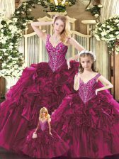  Red Sleeveless Beading and Ruffles Floor Length Quince Ball Gowns
