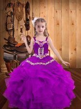Excellent Purple Organza Lace Up Straps Sleeveless Floor Length Child Pageant Dress Embroidery and Ruffles