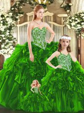  Green Organza Lace Up Quinceanera Gowns Sleeveless Floor Length Beading and Ruffles
