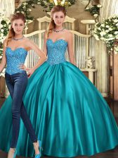 Top Selling Floor Length Teal 15th Birthday Dress Sweetheart Sleeveless Lace Up