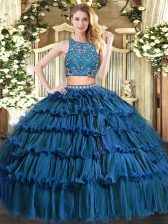 Artistic Beading and Ruffled Layers Vestidos de Quinceanera Teal Zipper Sleeveless Floor Length