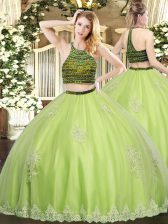 Yellow Green Sweet 16 Dress Military Ball and Sweet 16 and Quinceanera with Beading and Appliques Halter Top Sleeveless Zipper