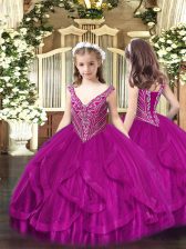  Floor Length Fuchsia Kids Formal Wear Tulle Sleeveless Beading and Ruffles