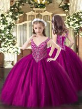  Sleeveless Floor Length Beading Lace Up Little Girl Pageant Gowns with Fuchsia