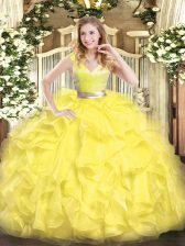 Most Popular V-neck Sleeveless Zipper 15 Quinceanera Dress Yellow Tulle