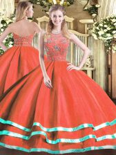 Custom Made Sleeveless Tulle Floor Length Zipper 15th Birthday Dress in Red with Beading