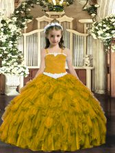  Brown Organza Lace Up Straps Sleeveless Floor Length Pageant Gowns For Girls Appliques and Ruffles