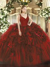 Simple Organza V-neck Sleeveless Backless Beading and Lace and Ruffles Quinceanera Dress in Wine Red