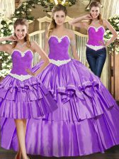 Fashionable Sleeveless Floor Length Appliques and Ruffled Layers Lace Up Sweet 16 Dress with Eggplant Purple