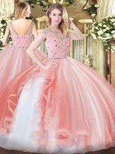 Amazing Peach Ball Gowns Bateau Sleeveless Tulle Floor Length Zipper Beading and Ruffles Quinceanera Gowns