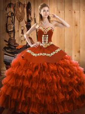 Best Selling Rust Red Ball Gowns Satin and Organza Sweetheart Sleeveless Embroidery and Ruffled Layers Floor Length Lace Up Quinceanera Gown