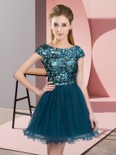 Exquisite Mini Length Teal Quinceanera Court of Honor Dress Scoop Cap Sleeves Zipper