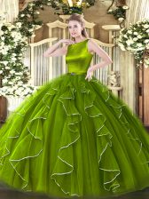 Deluxe Olive Green Organza Clasp Handle Quinceanera Dress Sleeveless Floor Length Ruffles