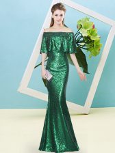 Dazzling Dark Green Off The Shoulder Neckline Sequins Prom Party Dress Half Sleeves Zipper