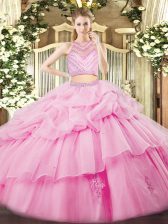 Sophisticated High-neck Sleeveless Zipper Ball Gown Prom Dress Rose Pink Tulle