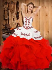 Sophisticated White And Red Satin and Organza Lace Up Strapless Sleeveless Floor Length Vestidos de Quinceanera Embroidery and Ruffles