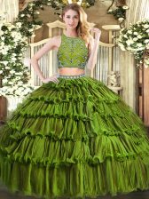 Romantic Olive Green Zipper High-neck Beading and Ruffled Layers Ball Gown Prom Dress Tulle Sleeveless