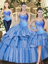 Enchanting Baby Blue Tulle Lace Up Sweetheart Sleeveless Floor Length 15 Quinceanera Dress Beading and Ruffled Layers
