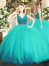 Spectacular Floor Length Aqua Blue 15 Quinceanera Dress V-neck Sleeveless Zipper