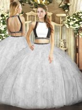 Colorful Sleeveless Tulle Floor Length Backless Quinceanera Dresses in Grey with Ruffles