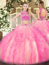 Great Two Pieces Sweet 16 Quinceanera Dress Watermelon Red and Rose Pink High-neck Tulle Sleeveless Floor Length Backless