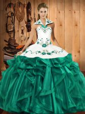Modest Turquoise Lace Up Halter Top Embroidery and Ruffles Sweet 16 Quinceanera Dress Satin and Organza Sleeveless