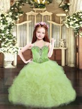  Yellow Green Ball Gowns Organza Spaghetti Straps Sleeveless Beading and Ruffles and Pick Ups Floor Length Lace Up Little Girls Pageant Dress
