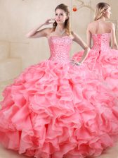 Artistic Watermelon Red Sweetheart Lace Up Beading and Ruffles Ball Gown Prom Dress Sleeveless