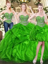 Sweetheart Sleeveless Sweet 16 Dress Floor Length Beading and Ruffles Green Organza