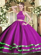 Fancy Fuchsia Tulle Backless Halter Top Sleeveless Floor Length Quinceanera Gown Beading