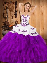 Smart Eggplant Purple Ball Gowns Strapless Sleeveless Satin and Organza Floor Length Lace Up Embroidery and Ruffles Sweet 16 Dress
