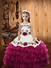 Graceful Fuchsia Sleeveless Floor Length Embroidery and Ruffled Layers Lace Up Pageant Dress Toddler