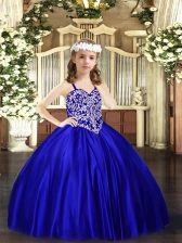 Stunning Straps Sleeveless Lace Up Winning Pageant Gowns Royal Blue Satin