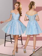 Latest Mini Length Light Blue Vestidos de Damas Off The Shoulder Sleeveless Zipper