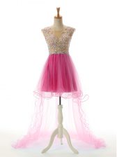 On Sale High Low A-line Sleeveless Fuchsia Prom Gown Backless