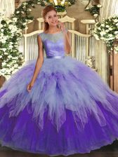  Multi-color Ball Gowns Scoop Sleeveless Organza Floor Length Backless Lace and Ruffles Quinceanera Dresses