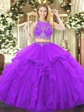 Noble Beading and Ruffles Vestidos de Quinceanera Purple Zipper Sleeveless Floor Length