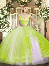Eye-catching Yellow Green Tulle Zipper Sweet 16 Quinceanera Dress Sleeveless Floor Length Beading and Ruffles
