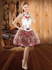  Multi-color Ball Gowns Halter Top Sleeveless Fabric With Rolling Flowers Mini Length Lace Up Embroidery Prom Dress