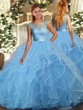  Floor Length Aqua Blue Quinceanera Gowns Organza Sleeveless Ruffles