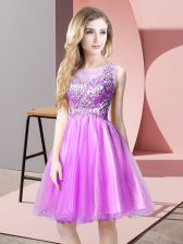  Knee Length Lilac Prom Gown Tulle Sleeveless Beading
