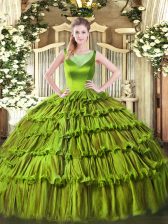 Dynamic Sleeveless Floor Length Beading and Ruffled Layers Side Zipper Quince Ball Gowns with Olive Green