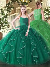 Designer Dark Green Organza Zipper Quinceanera Gown Sleeveless Floor Length Ruffles