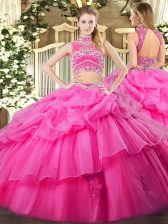 Adorable Hot Pink Backless High-neck Beading and Ruffles and Pick Ups 15 Quinceanera Dress Tulle Sleeveless