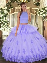 Fashionable Floor Length Lavender 15th Birthday Dress Tulle Sleeveless Beading and Appliques and Ruffles